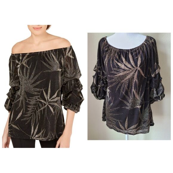 MSK Lined Blouse‎ Medium Glitter Print Floral Off The Shoulder Puffed Sleeves - Picture 1 of 12
